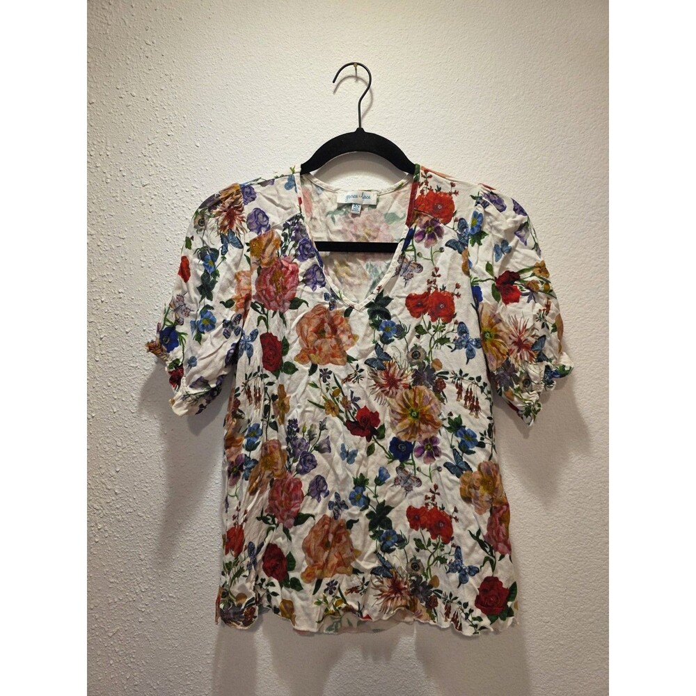 Grace & Lace Tee Shirt Blouse Womens XS Floral Boho Cottagecore Garden Top Rayon